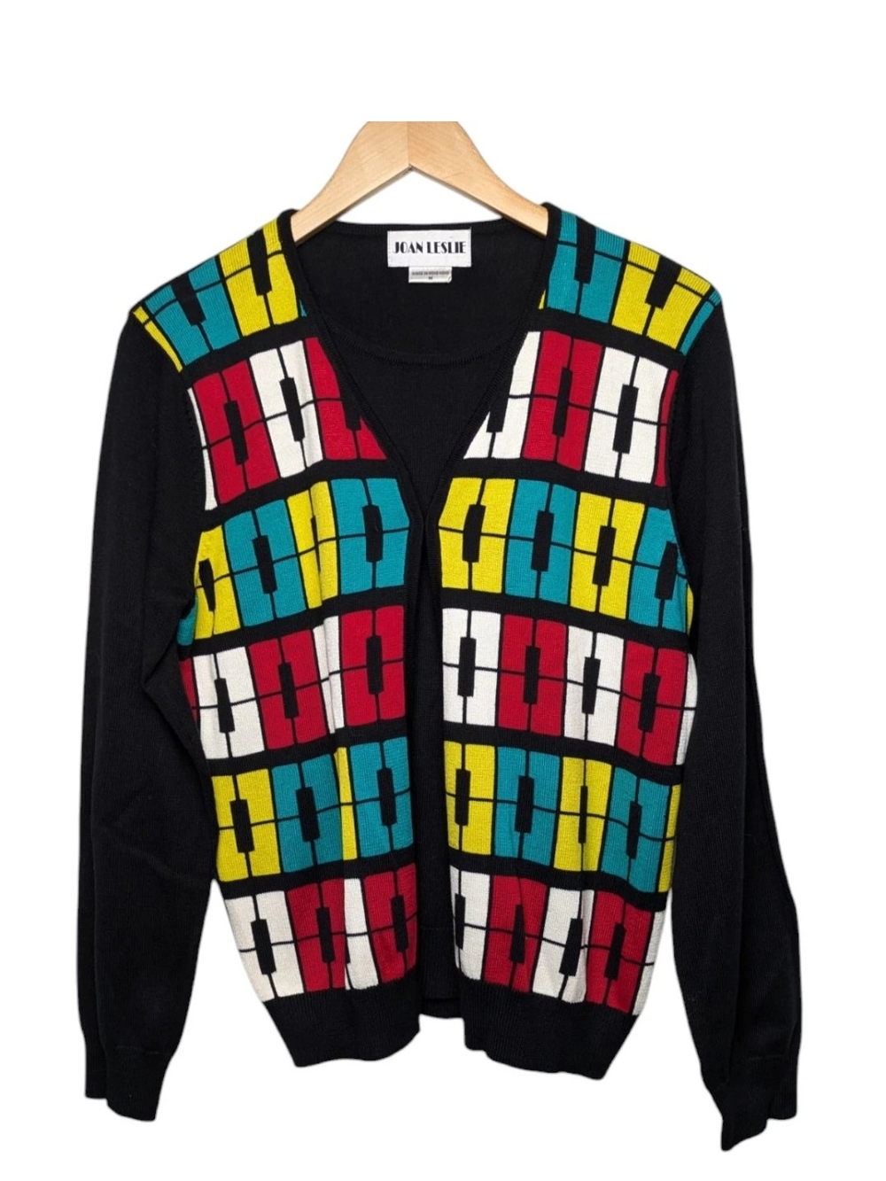 Joan Leslie Vintage Colorblock Geometric Sweater Black, Teal, Yellow, Red, White